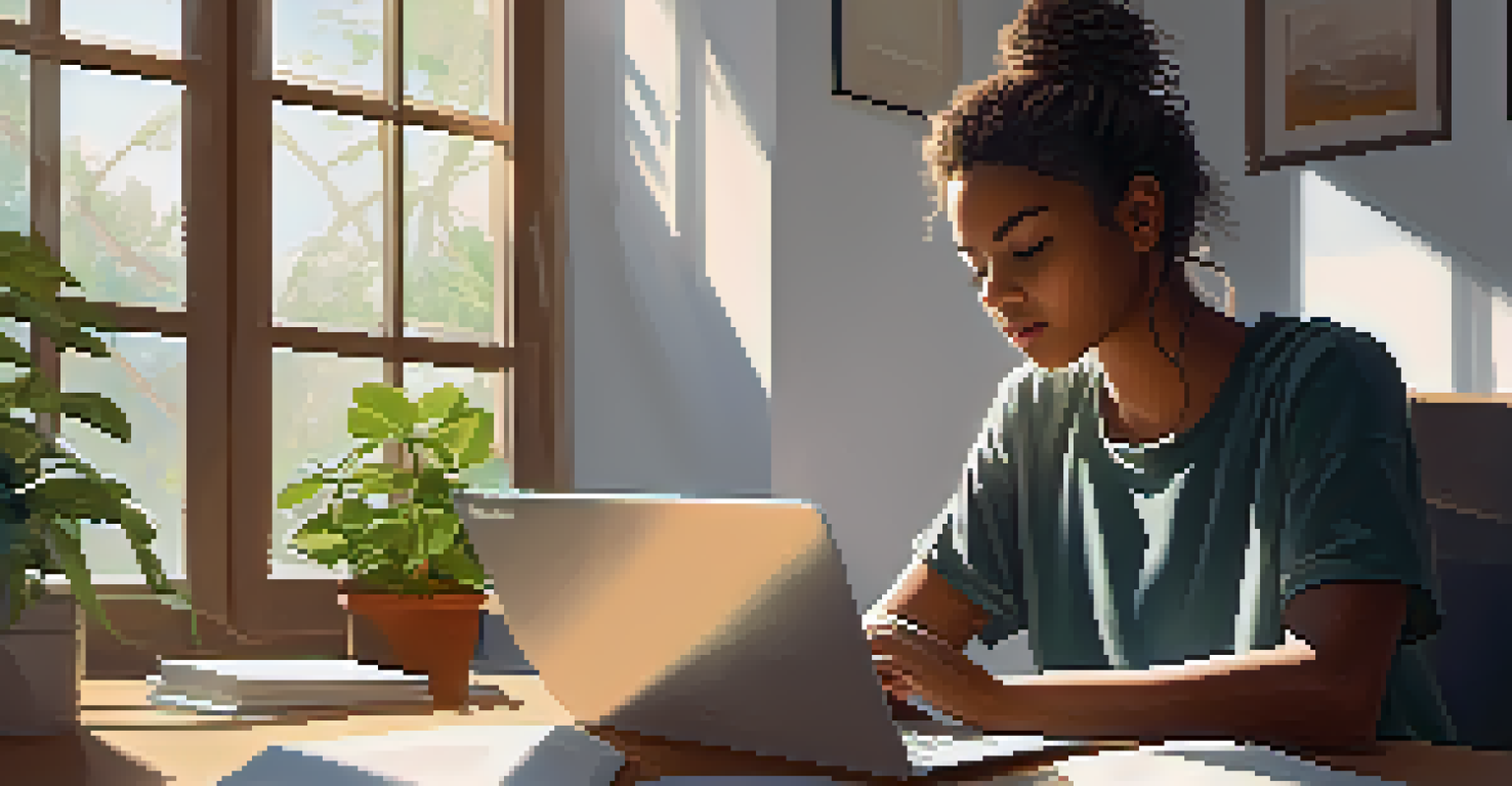 A student reflecting on their learning journey at a desk with a digital journal, surrounded by books.