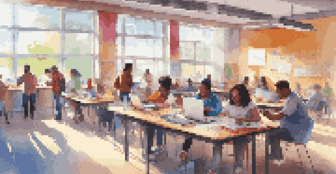 A vibrant community center where people of various ages are participating in digital learning, with laptops and group discussions taking place in a sunny, colorful room.