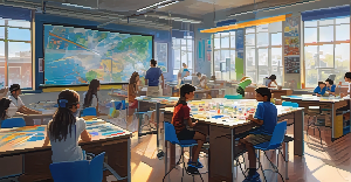 A lively classroom with students working on a robotics project and sketching designs, surrounded by STEAM-related artwork and sunlight.
