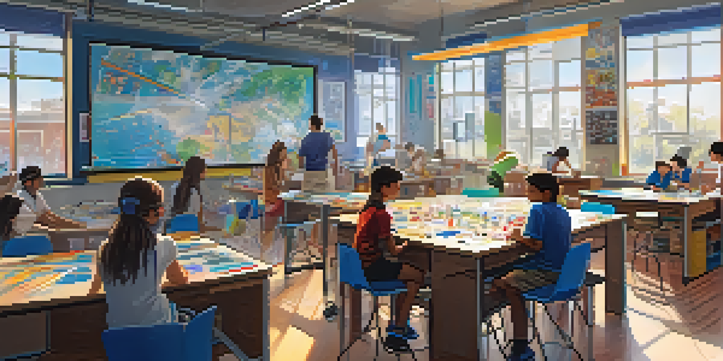 A lively classroom with students working on a robotics project and sketching designs, surrounded by STEAM-related artwork and sunlight.