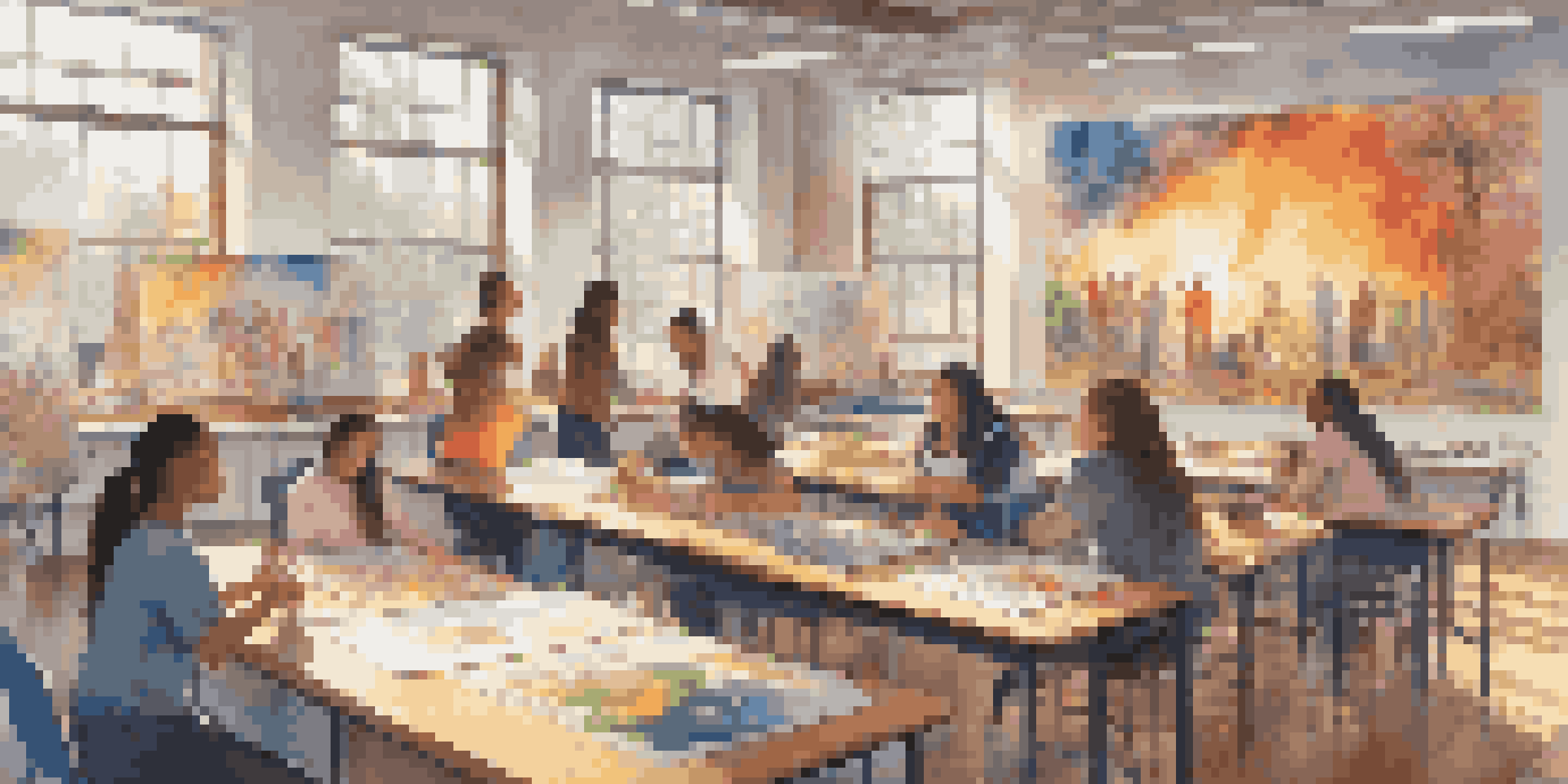 A diverse group of students working together in an art classroom, creating a mural with colorful artworks around them.