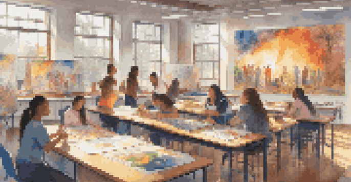 A diverse group of students working together in an art classroom, creating a mural with colorful artworks around them.