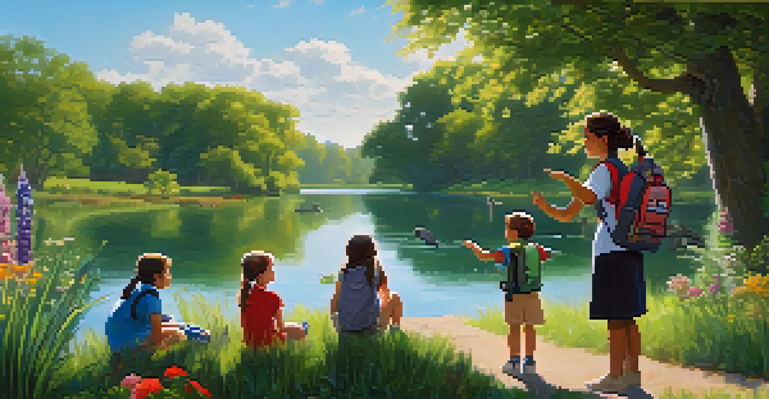An educator guiding children on a nature walk in a park, with colorful flowers and a pond in the background.