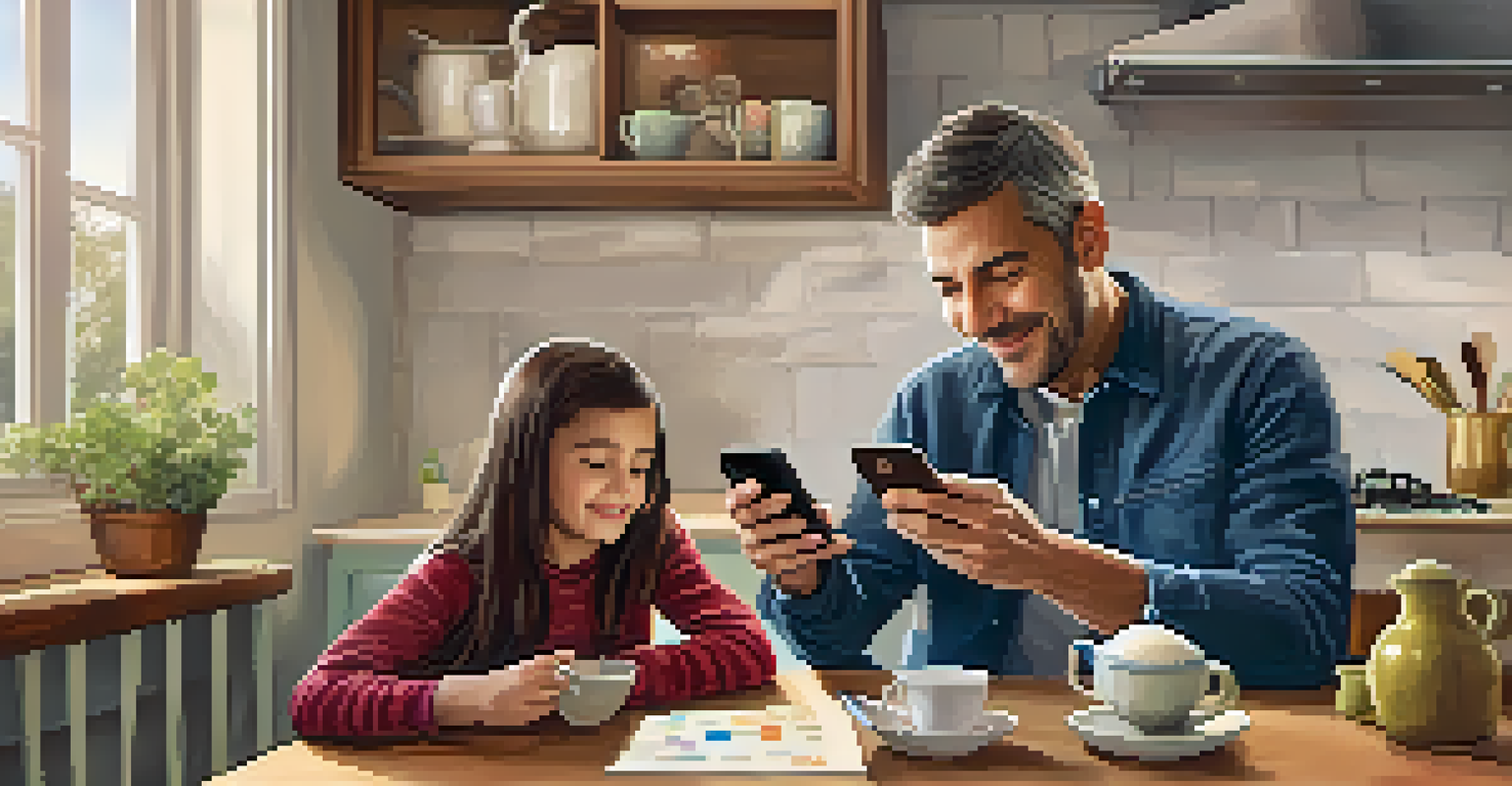 A parent checking their child's educational progress on a smartphone at a cozy kitchen table.