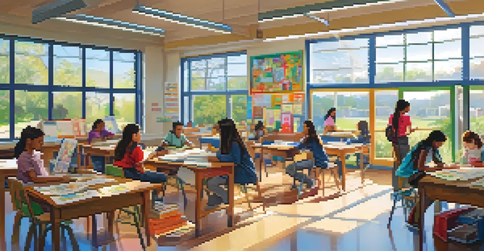 A classroom filled with diverse students working together on projects, with bright sunlight illuminating the space and colorful decorations.