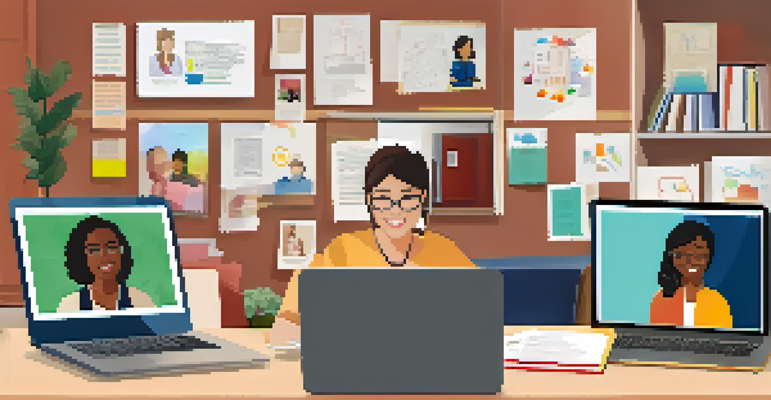 An online learning session on a laptop screen, displaying adult learners in a virtual classroom setting, each in their home environments with study materials.