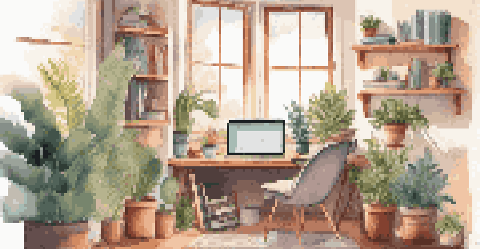 A cozy home study space with a student on a video call, surrounded by books and plants, in a well-lit environment.
