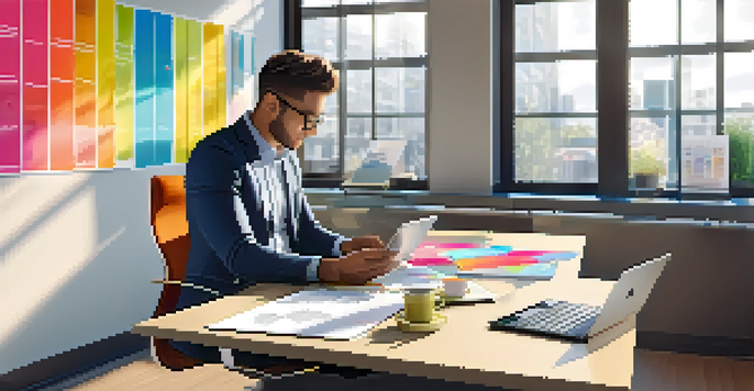 A professional sitting at a desk in a modern office, using a tablet for mobile learning with a laptop and colorful notes around.