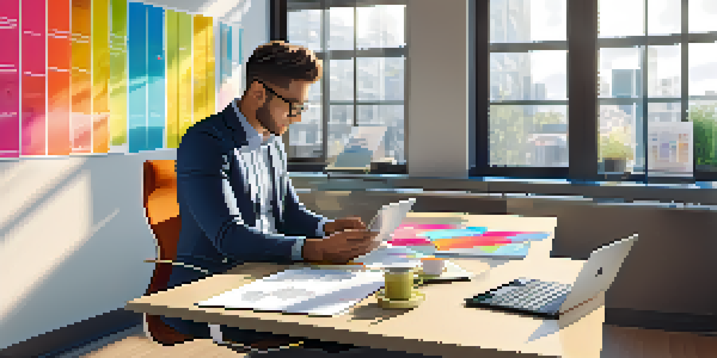 A professional sitting at a desk in a modern office, using a tablet for mobile learning with a laptop and colorful notes around.