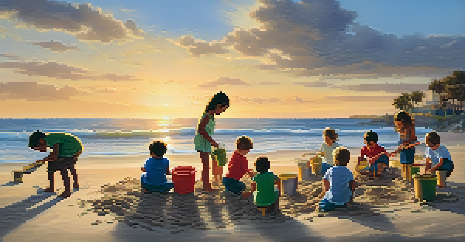 Children working together to build a sandcastle on the beach during sunset, with buckets and shovels around them.
