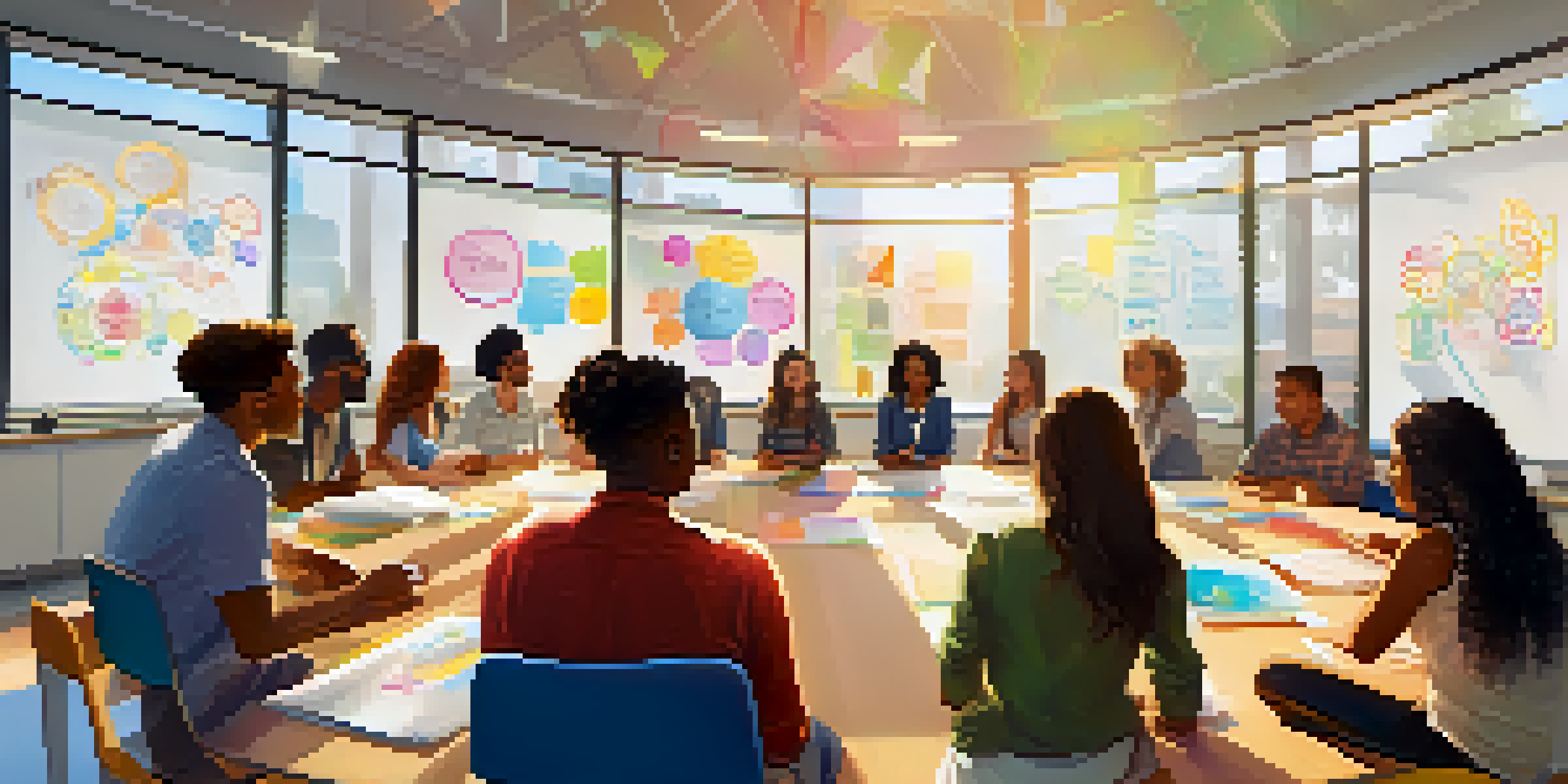 A diverse group of students in a bright classroom engaging in a collaborative learning activity, with a whiteboard in the background and sunlight streaming through windows.