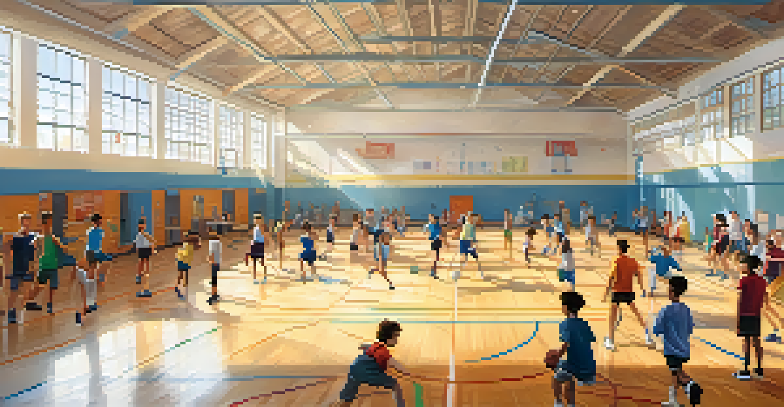 Students participating in various sports in a school gym, showcasing teamwork and enthusiasm.