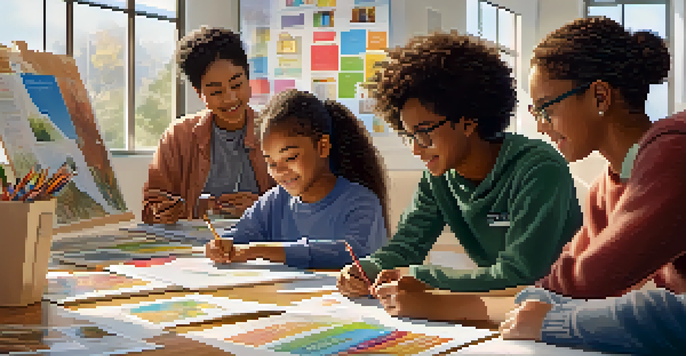 A diverse group of students working together in a brightly lit classroom, promoting collaboration and creativity.