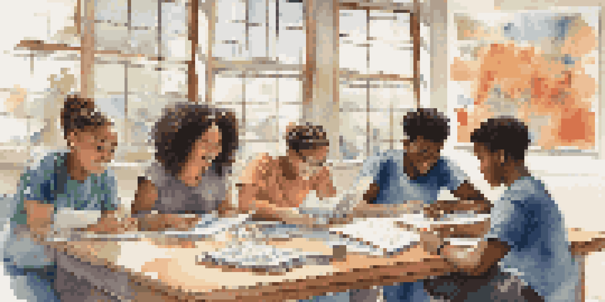 A diverse group of students engaged in a discussion, sharing ideas around a table with notebooks and digital devices.