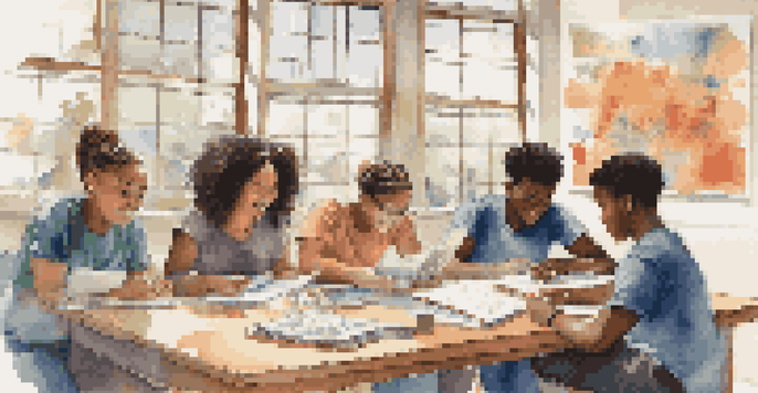 A diverse group of students engaged in a discussion, sharing ideas around a table with notebooks and digital devices.