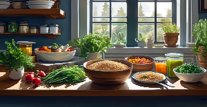 A kitchen counter with meal prep containers filled with healthy foods, natural light illuminating the scene.
