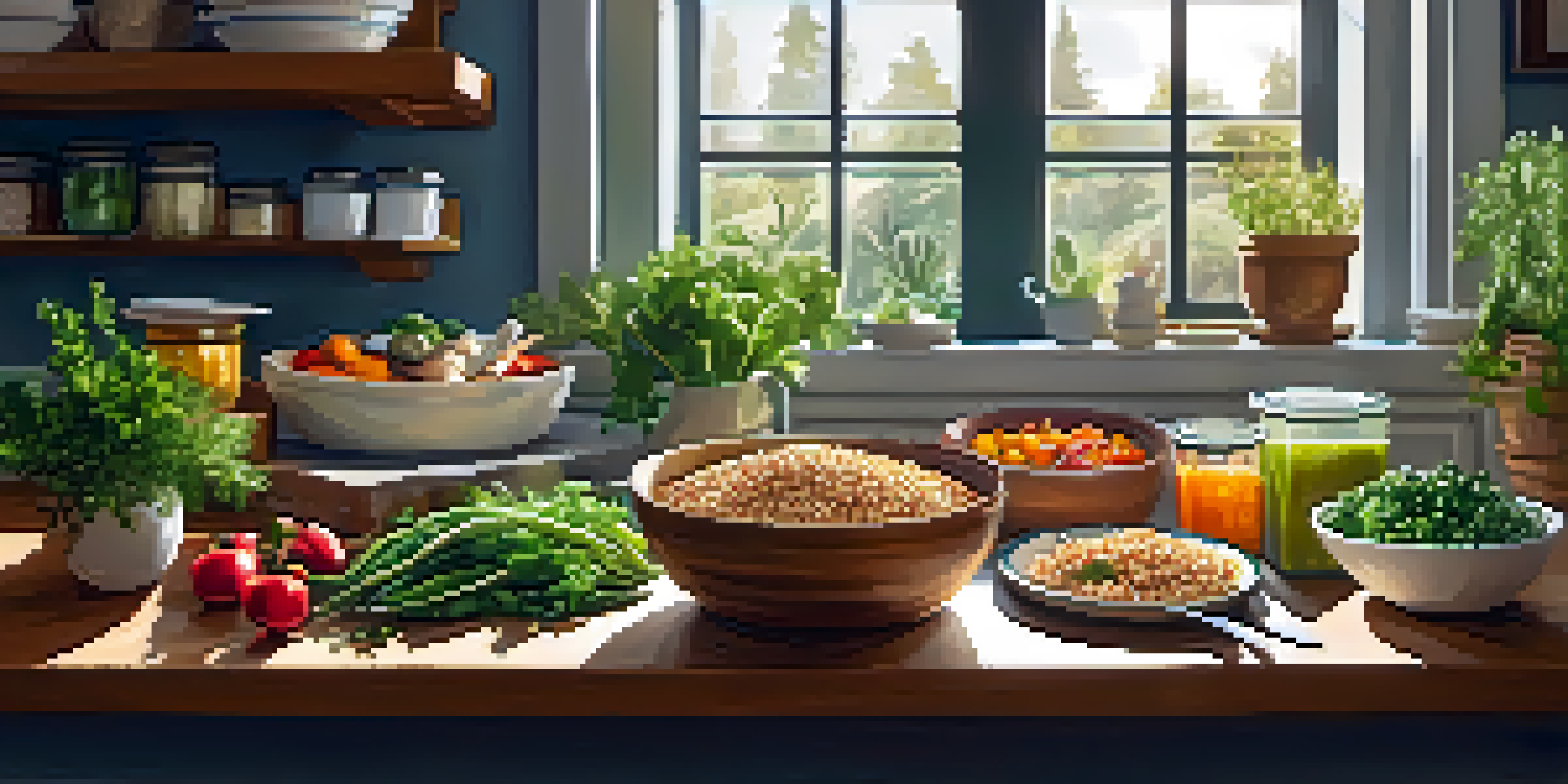 A kitchen counter with meal prep containers filled with healthy foods, natural light illuminating the scene.
