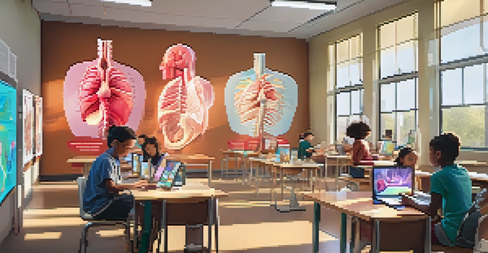 Students in a colorful classroom using augmented reality devices to explore a 3D model of human anatomy, with sunlight streaming through the windows.