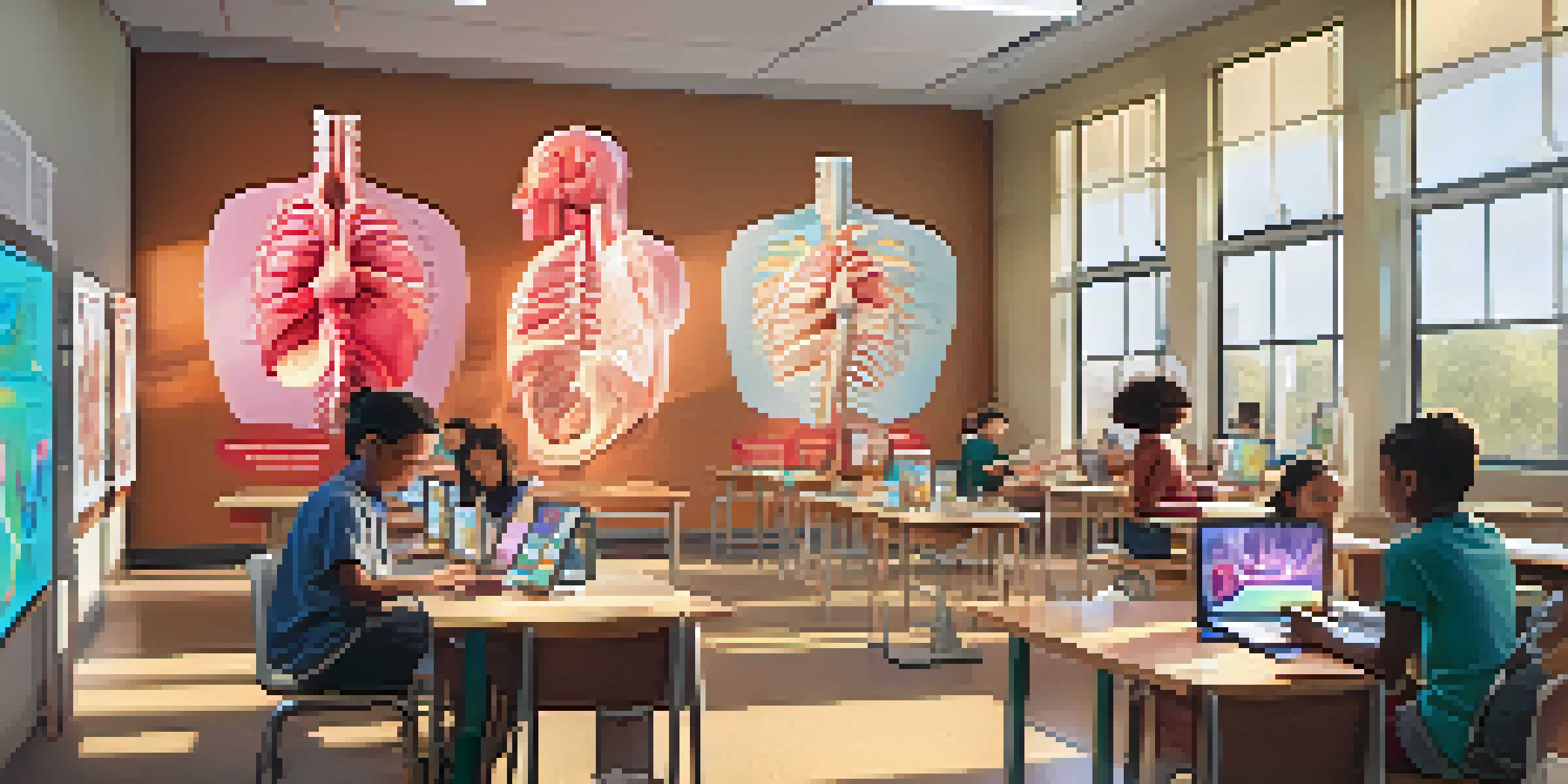 Students in a colorful classroom using augmented reality devices to explore a 3D model of human anatomy, with sunlight streaming through the windows.