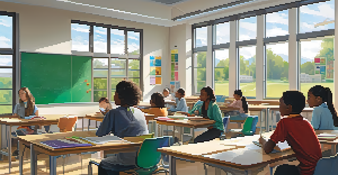 A bright classroom with students working together on a project, featuring a teacher assisting them, and educational posters on the walls.