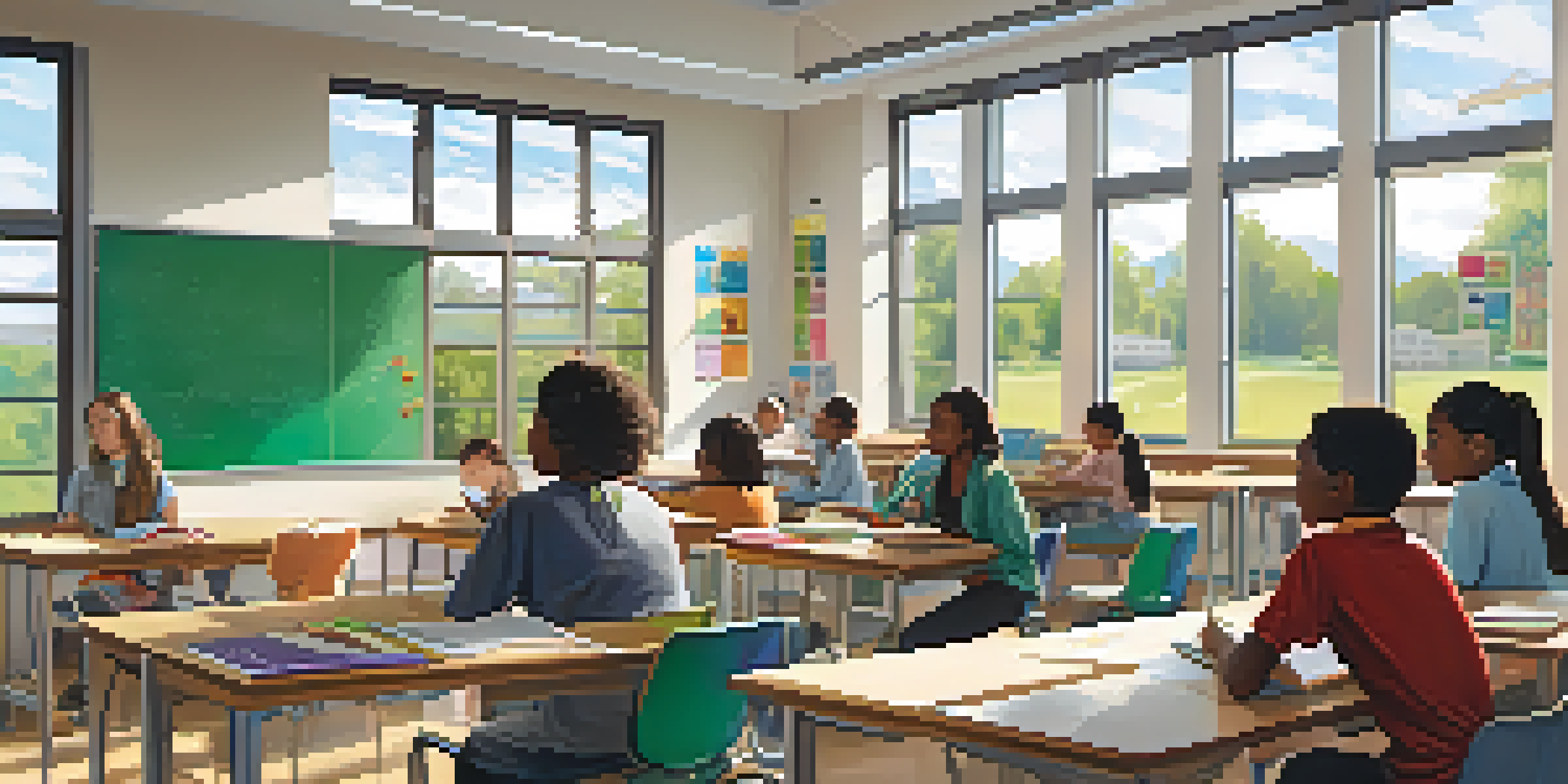 A bright classroom with students working together on a project, featuring a teacher assisting them, and educational posters on the walls.