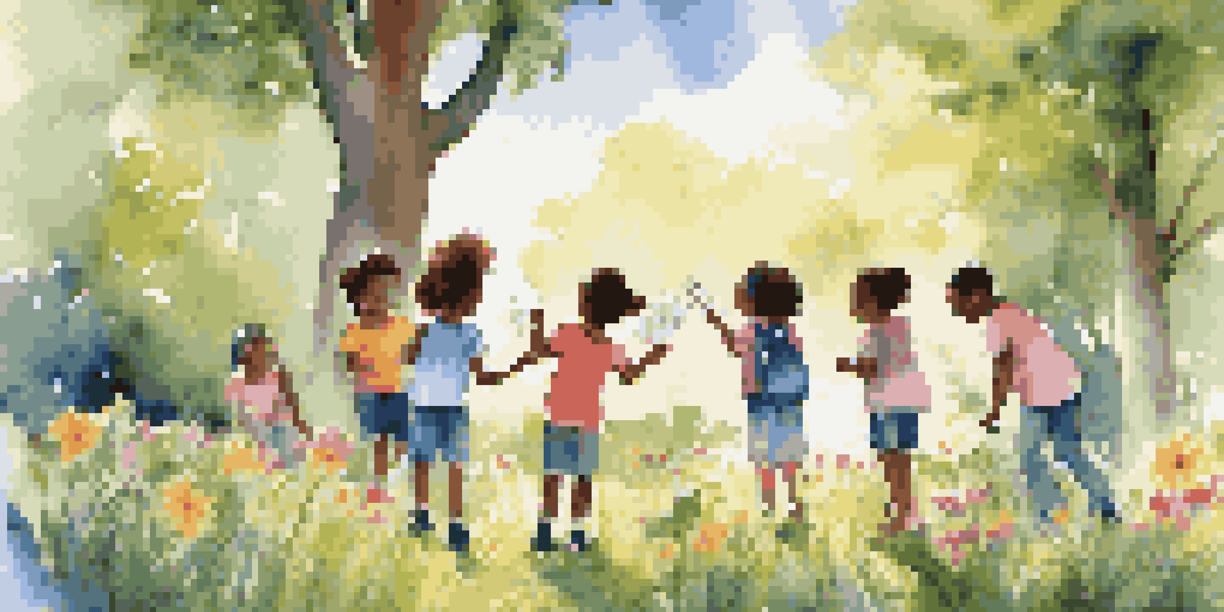 Children engaging in a nature scavenger hunt in a park, holding a checklist and surrounded by flowers and trees.