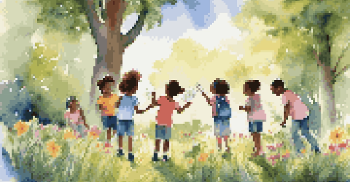 Children engaging in a nature scavenger hunt in a park, holding a checklist and surrounded by flowers and trees.