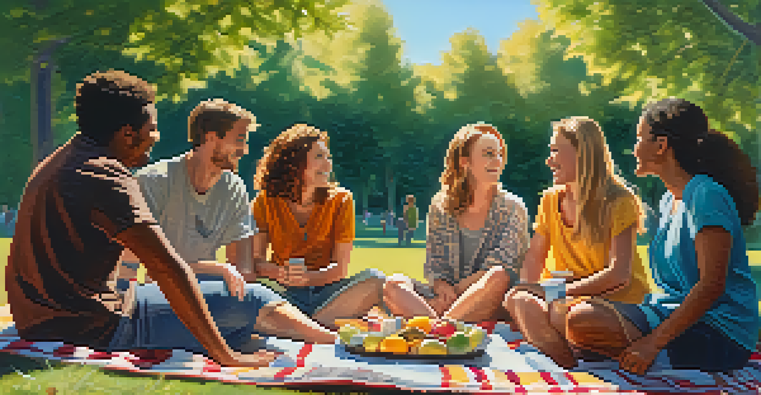 A group of friends sitting in a circle outdoors, sharing experiences and support in a sunny park setting.