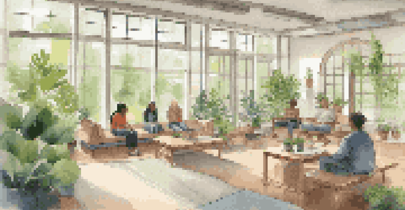 A tranquil learning space with natural light, plants, and comfortable seating, where students are relaxing and reflecting.