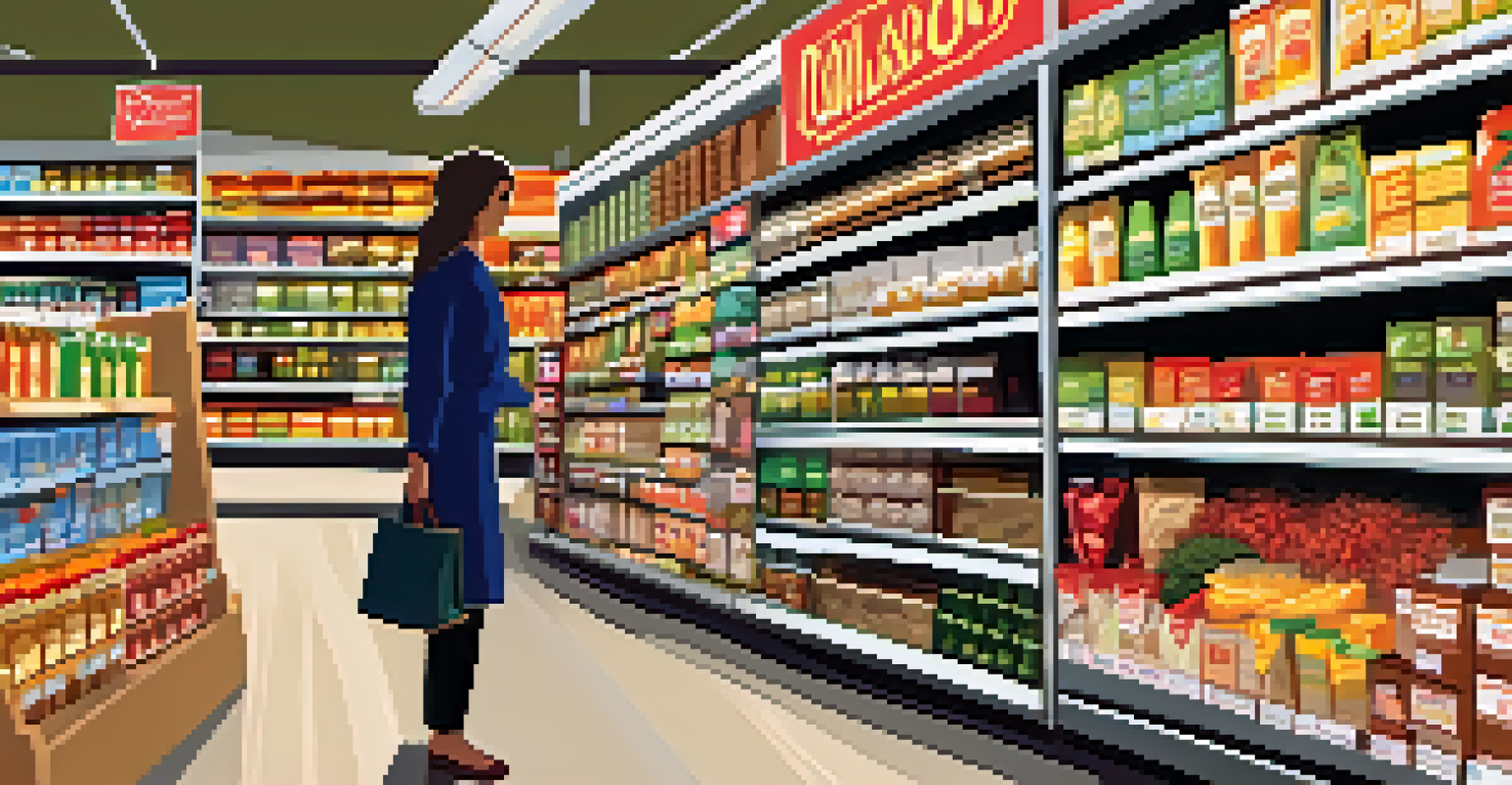 A grocery store aisle with a shopper checking food labels on colorful products, surrounded by neatly arranged shelves.