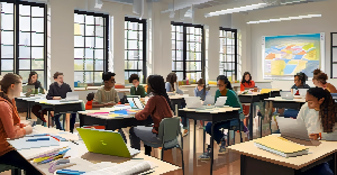 A diverse group of students working together at a table, surrounded by books and laptops, in a bright classroom.