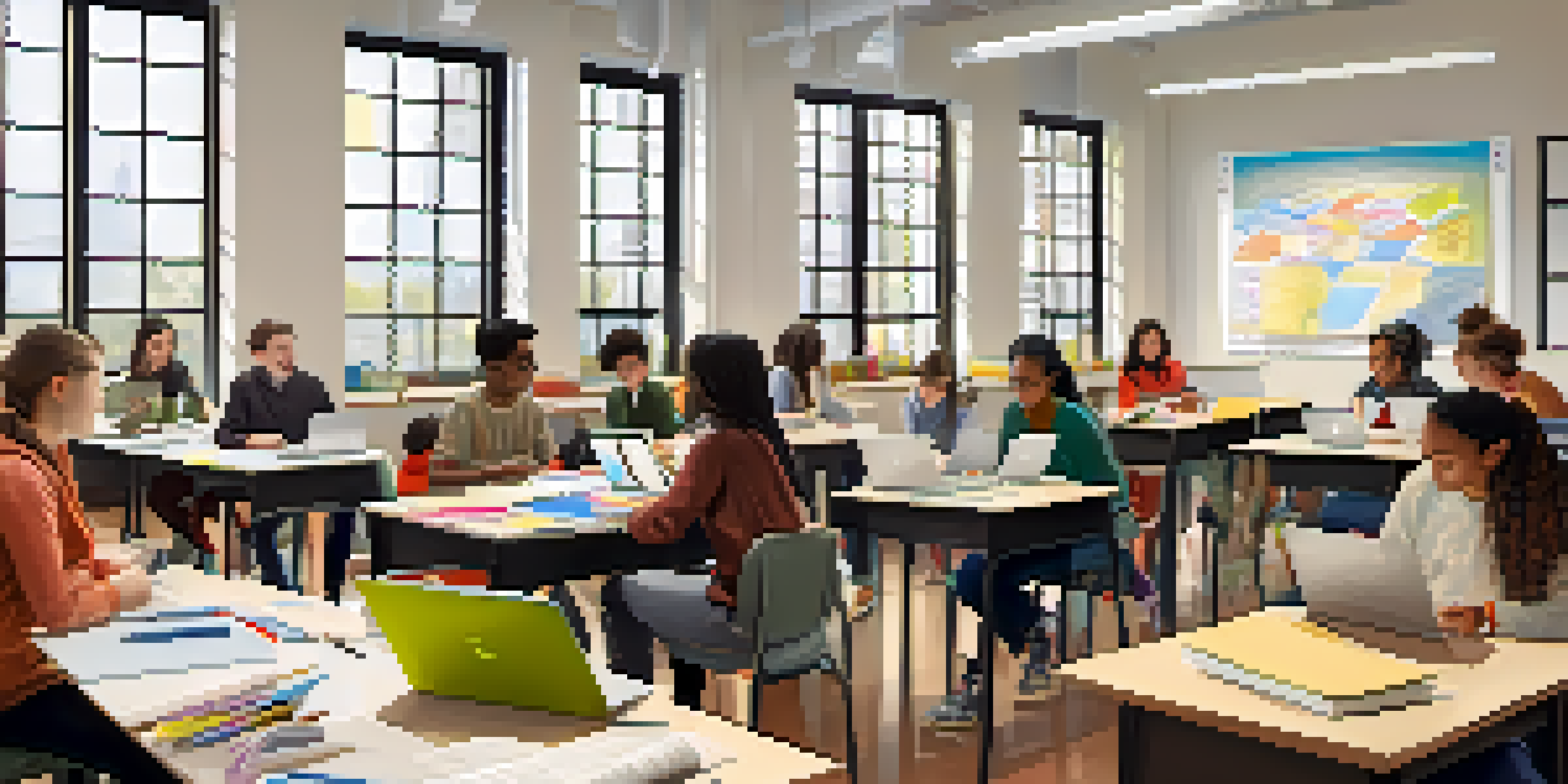 A diverse group of students working together at a table, surrounded by books and laptops, in a bright classroom.