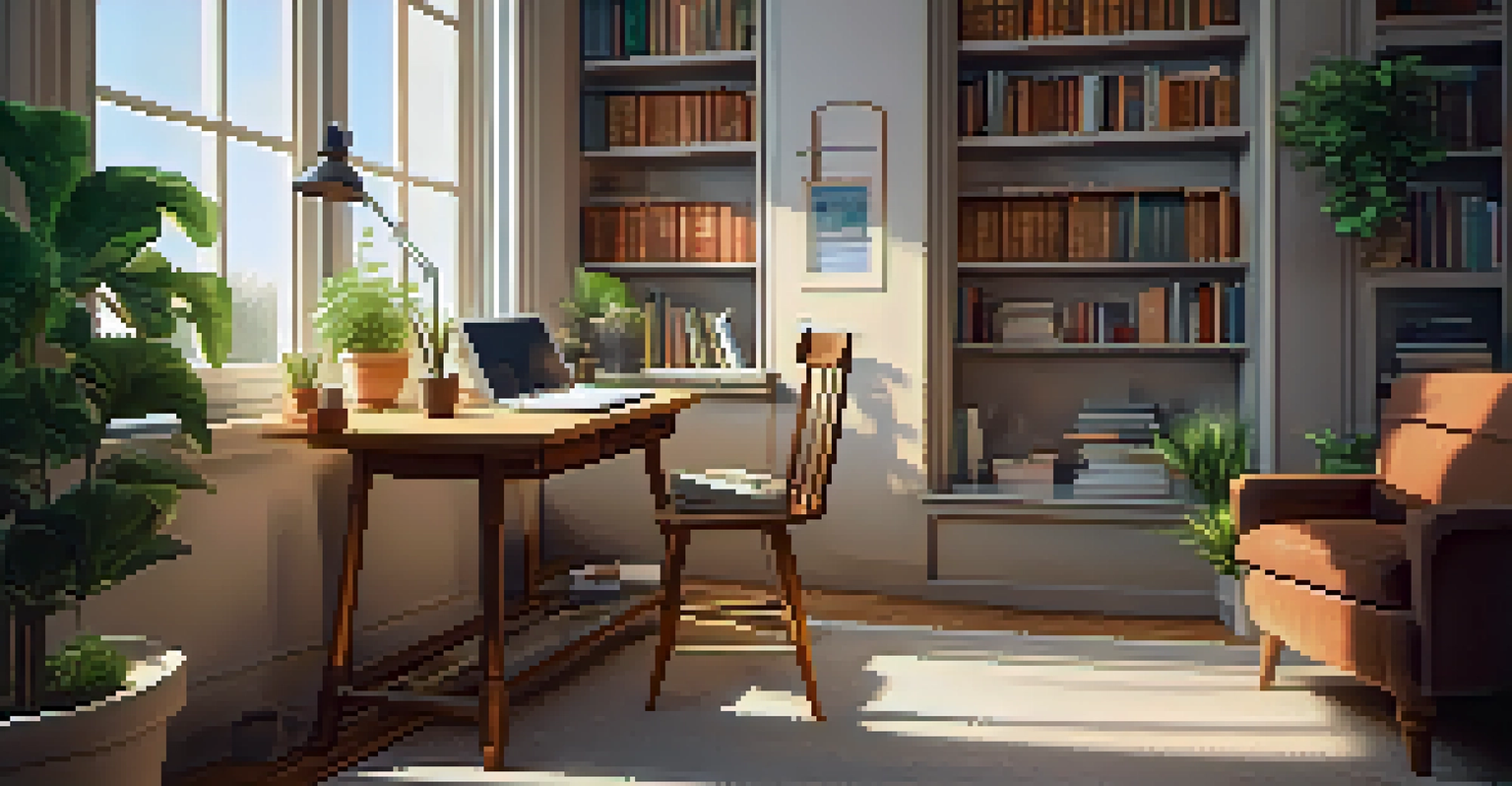 A cozy study space with a comfortable chair, a table with books and a laptop, and sunlight streaming through a window, creating a tranquil learning environment.