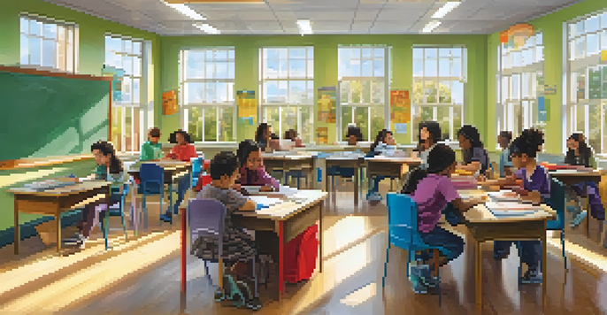 A diverse group of students collaborating in a colorful classroom, discussing ideas around a table with natural light coming through the windows.