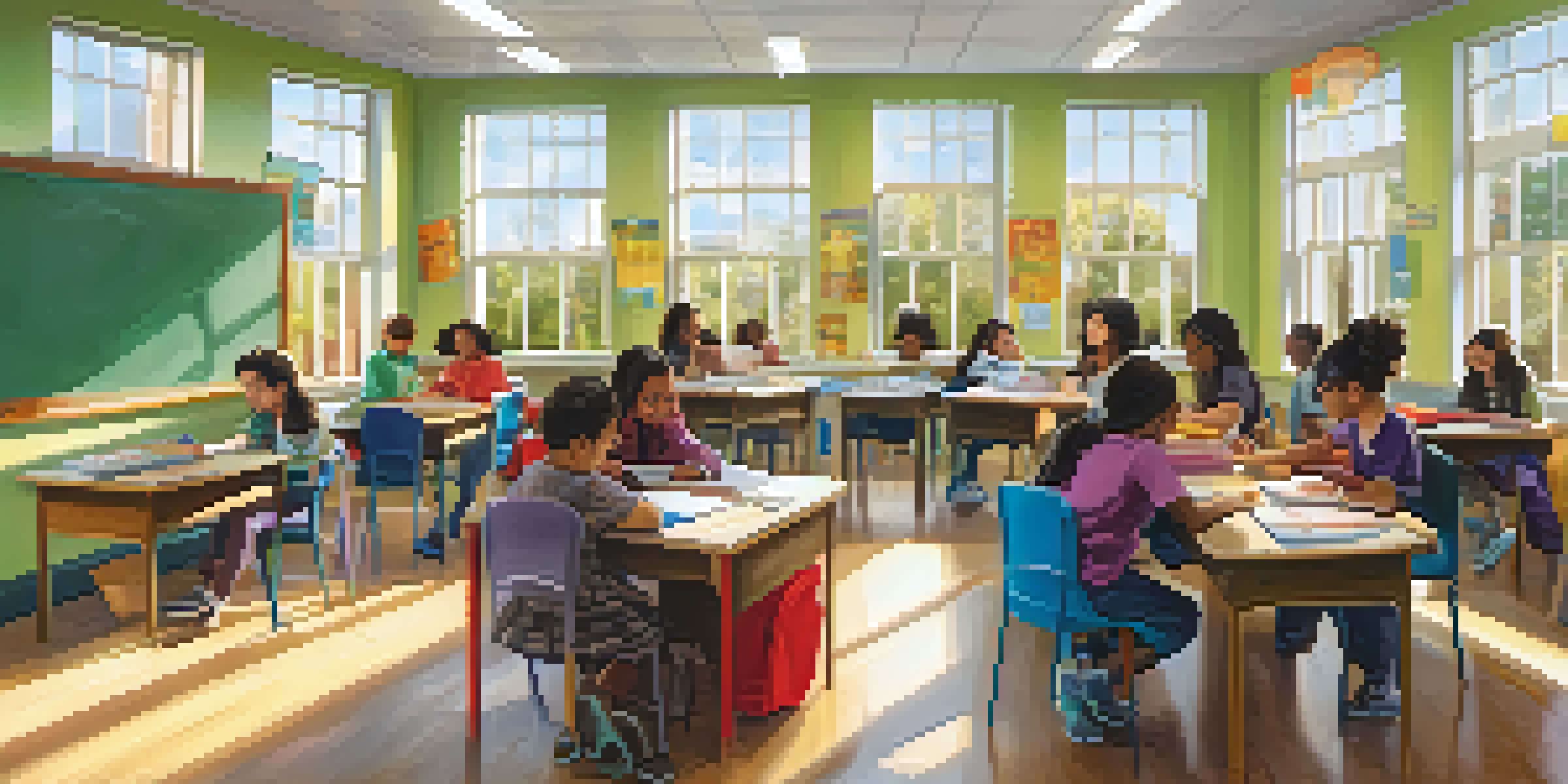 A diverse group of students collaborating in a colorful classroom, discussing ideas around a table with natural light coming through the windows.