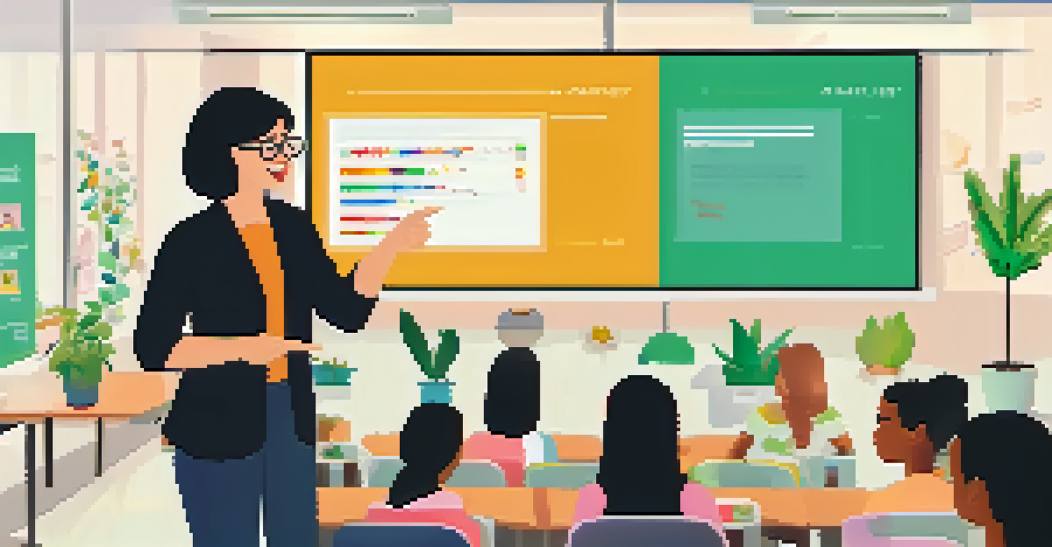 An instructor engaging with students in a modern classroom, pointing at a video clip on a large screen while students watch attentively. The room is bright and colorful with educational posters.