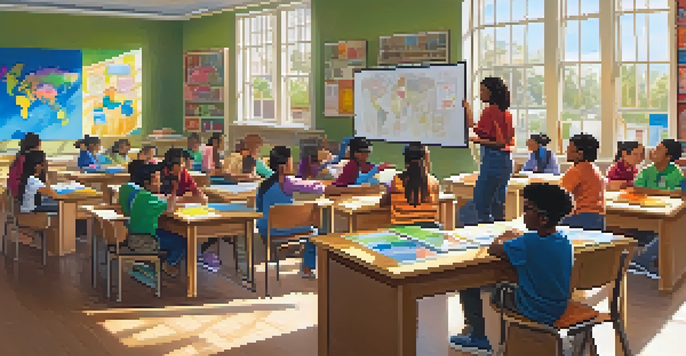 A classroom filled with diverse students collaborating on projects, illuminated by warm sunlight.