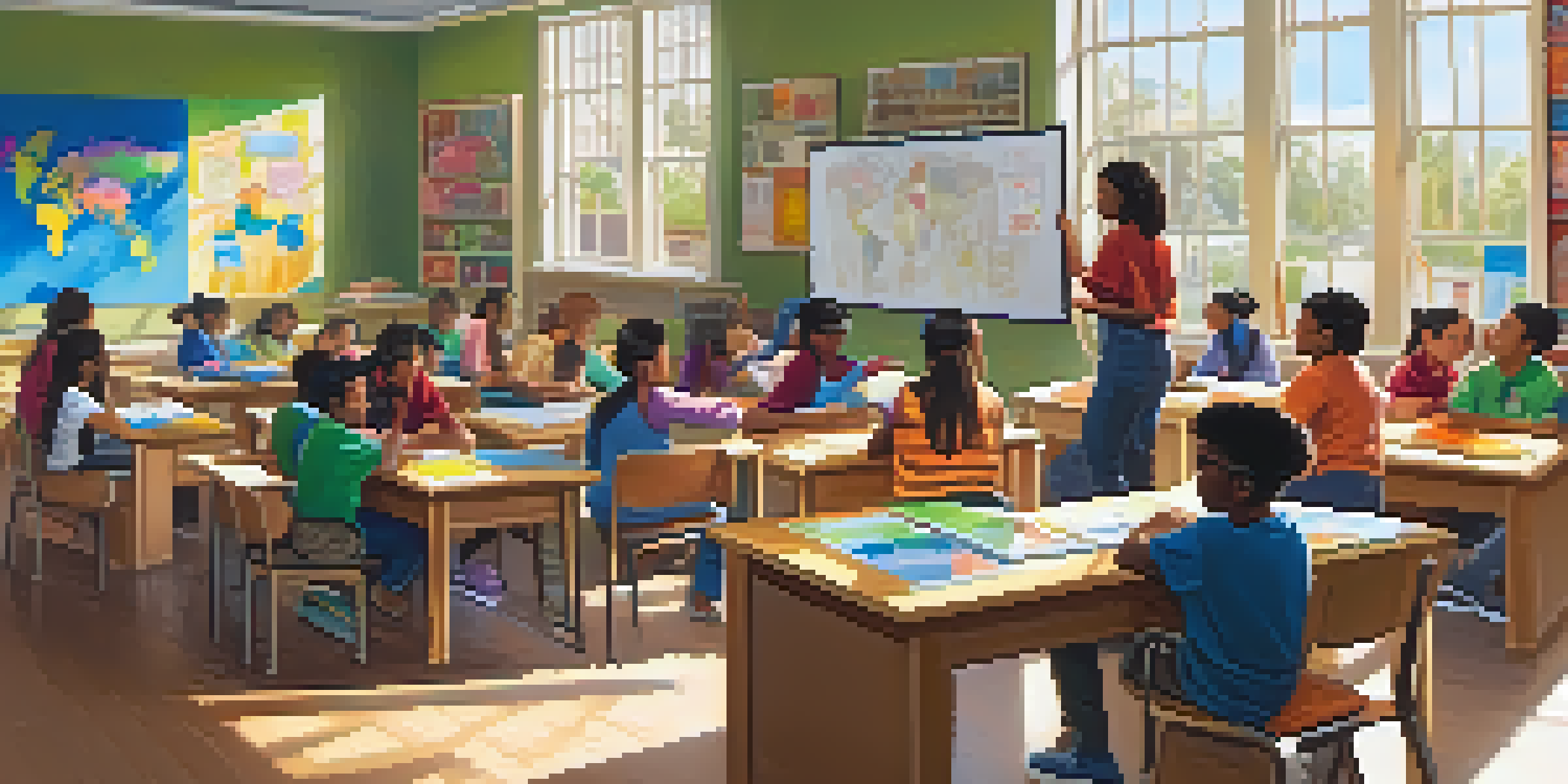 A classroom filled with diverse students collaborating on projects, illuminated by warm sunlight.