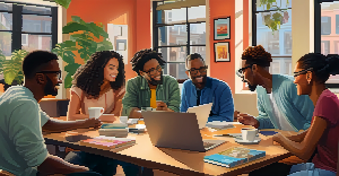 A diverse group of individuals discussing around a table with books and laptops in a warm, inviting environment.