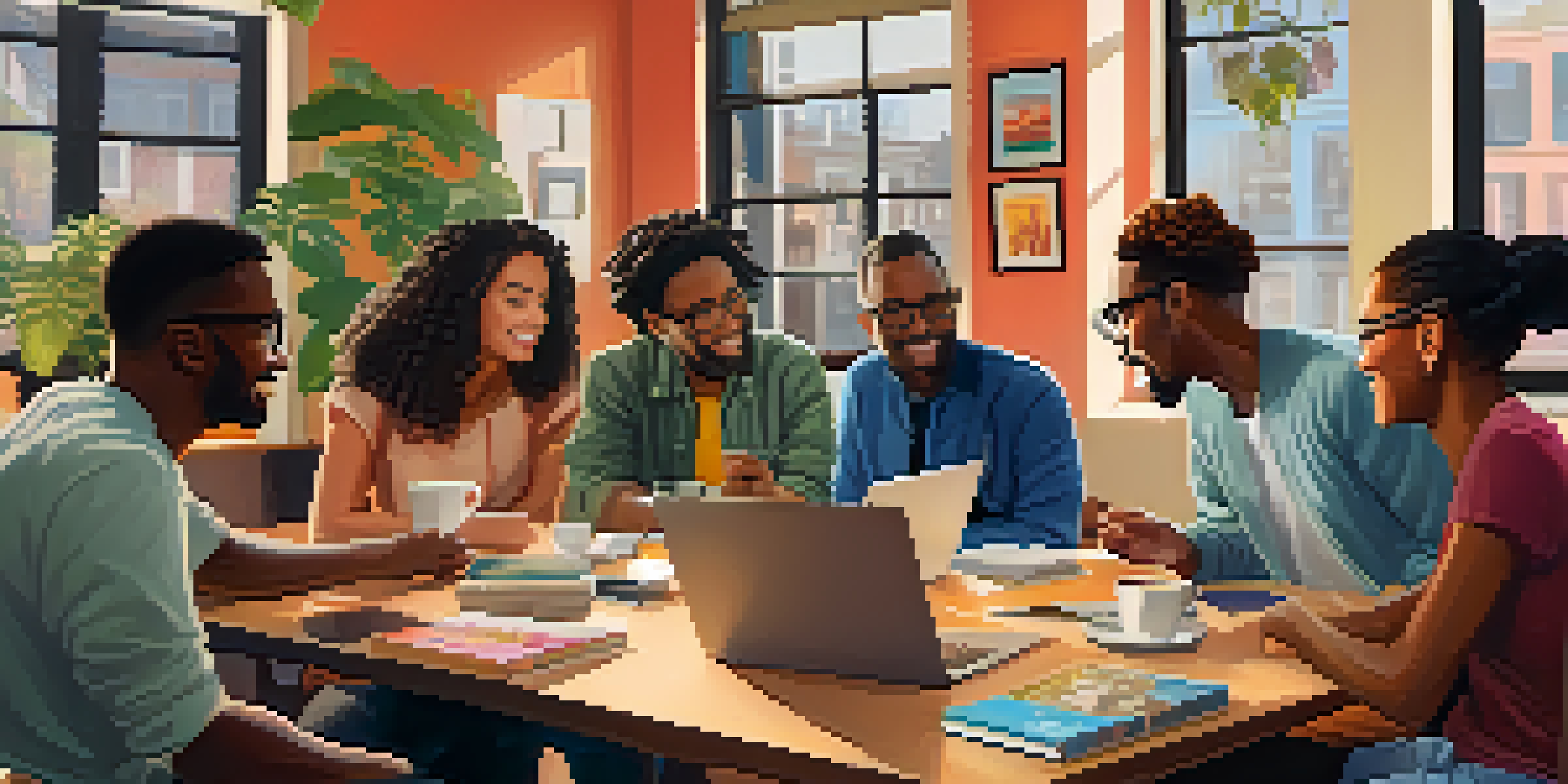 A diverse group of individuals discussing around a table with books and laptops in a warm, inviting environment.