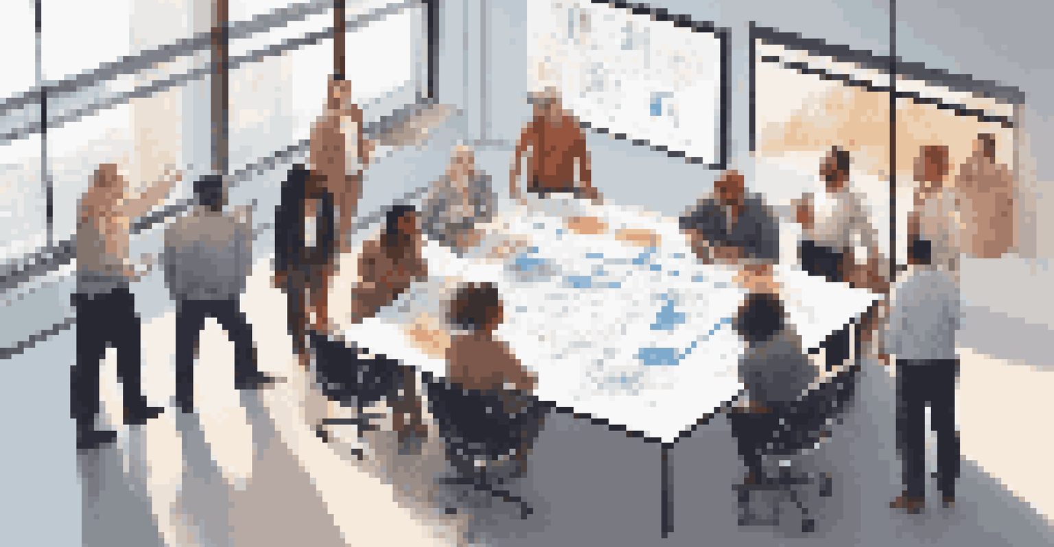 An overhead view of a team discussing ideas around a digital whiteboard in a bright modern office setting.