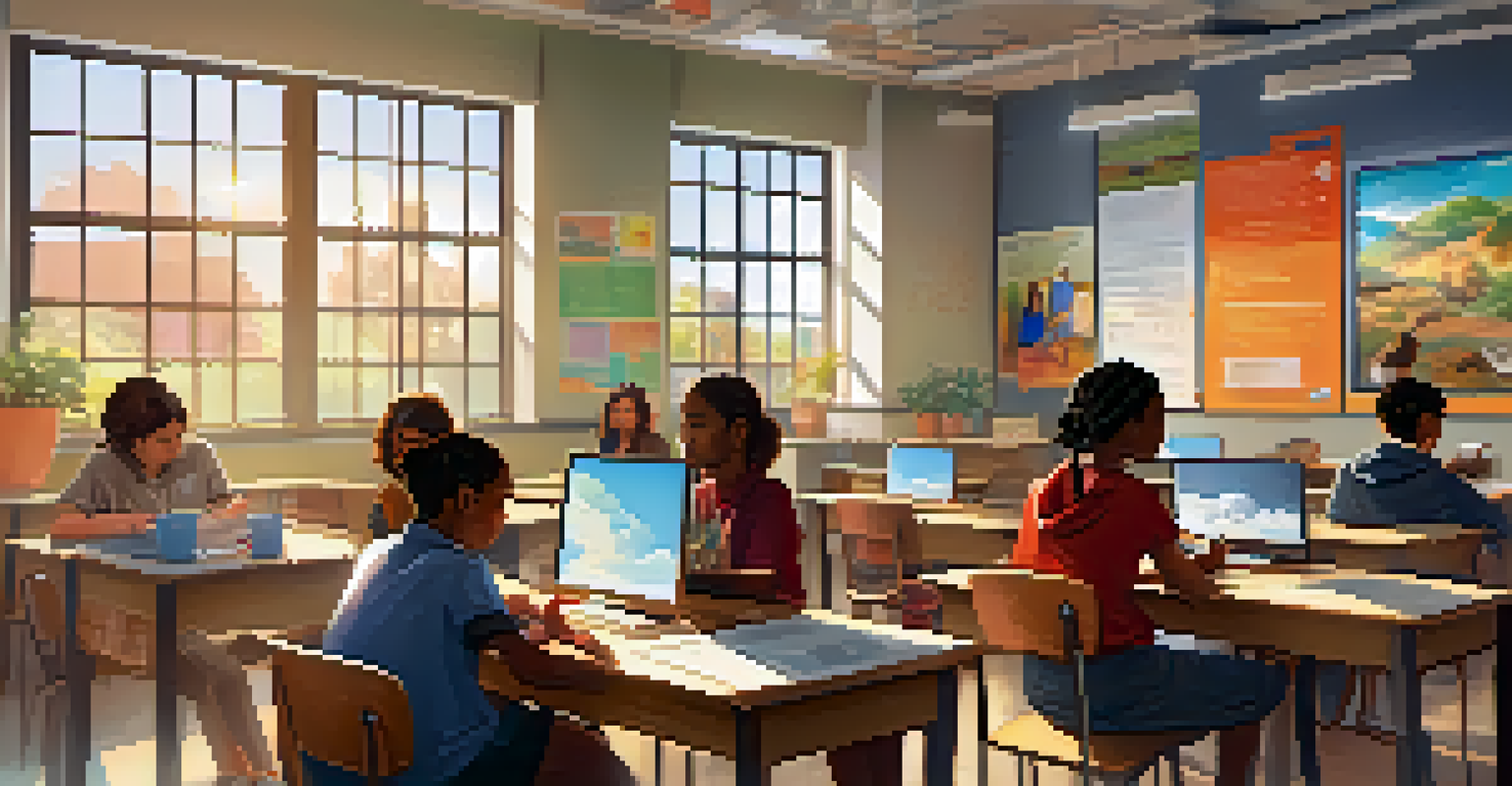 A diverse classroom scene with students using laptops and collaborating in groups, bathed in soft sunlight.