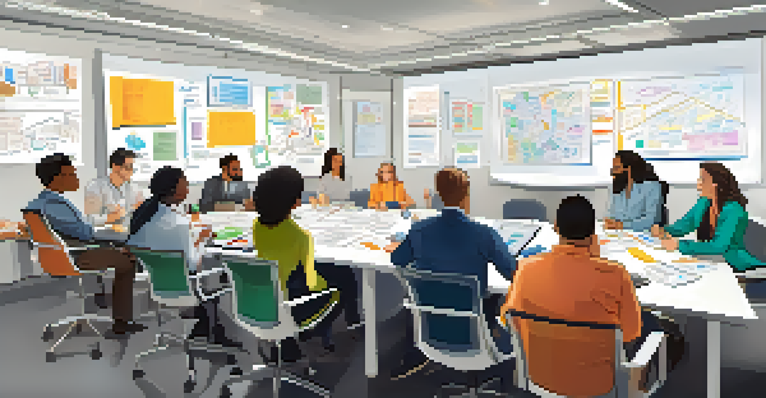 A diverse group of people brainstorming around a table filled with papers and devices in a brightly lit room.