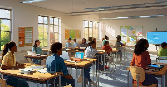 A diverse group of students in a bright classroom, working together on digital devices under the guidance of a teacher.