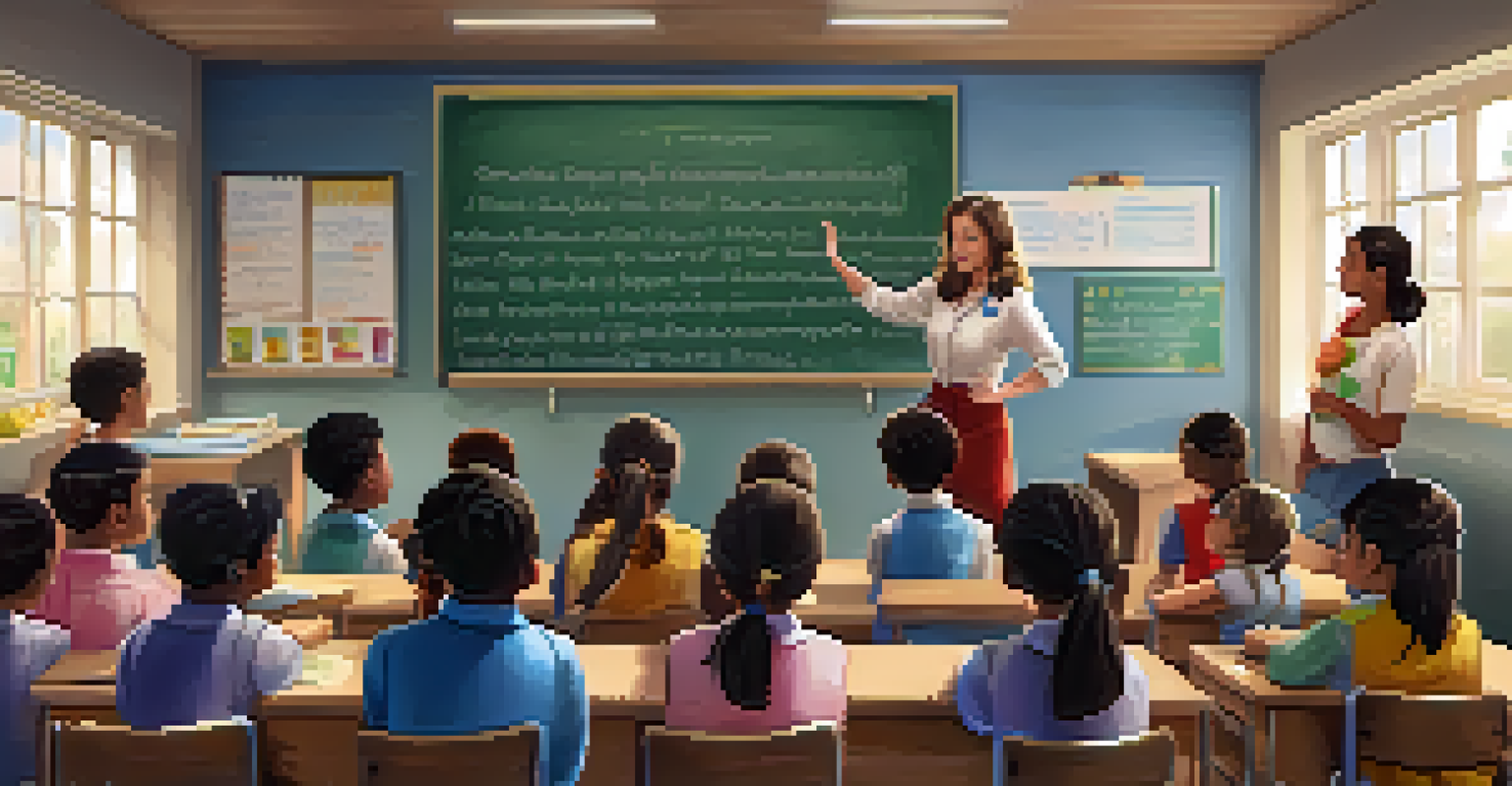 A classroom where a teacher explains vaccinations to attentive students with educational materials visible.