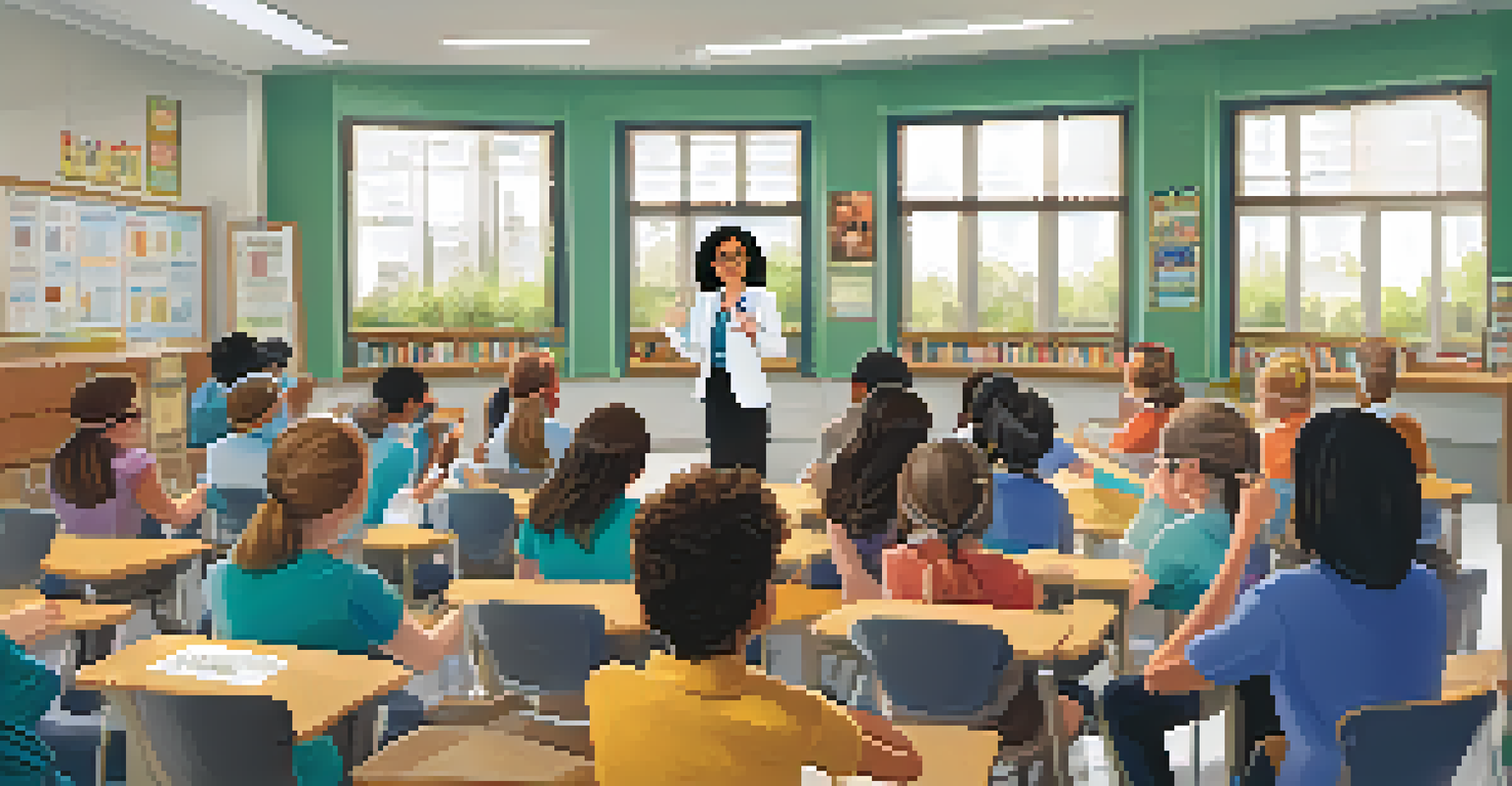 A middle-aged female teacher demonstrating a science experiment to a group of teachers in a modern classroom.