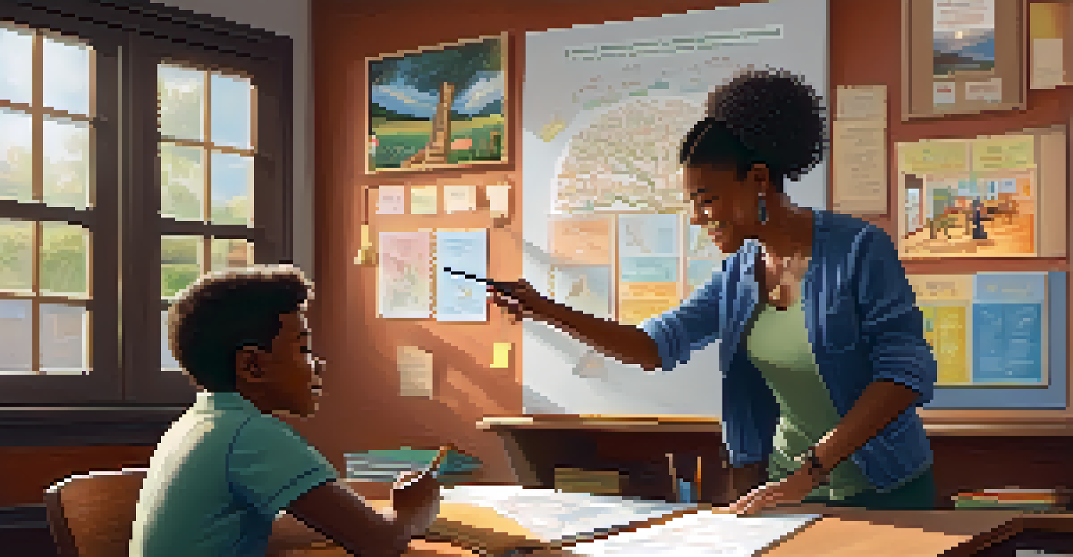 An experienced teacher mentoring a novice educator in a cozy classroom filled with student artwork.