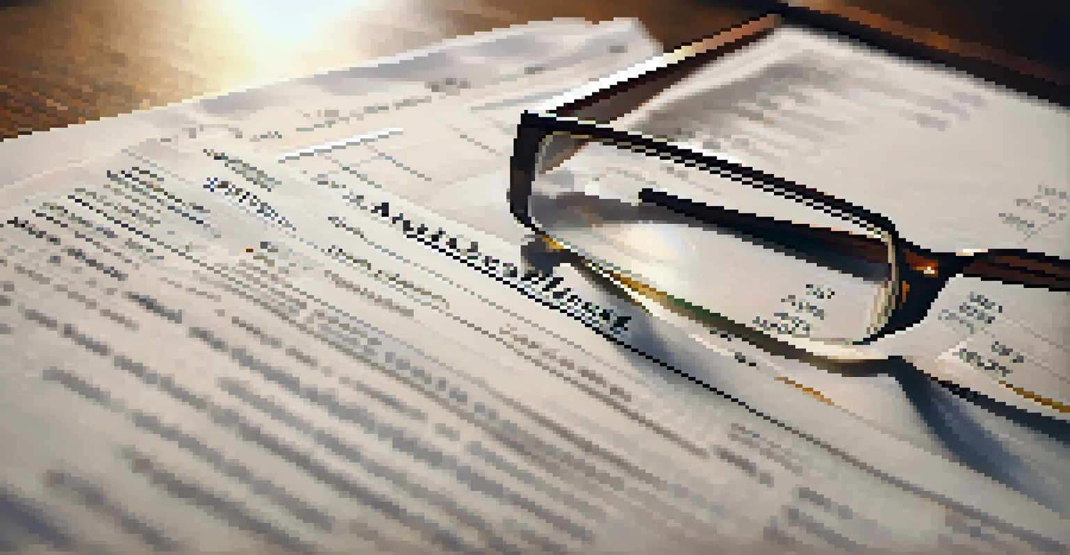 A close-up of a balance sheet document on a wooden table with reading glasses.