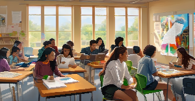 A vibrant classroom scene with students from different cultures working together on a project, showcasing a mix of technology and traditional learning materials.