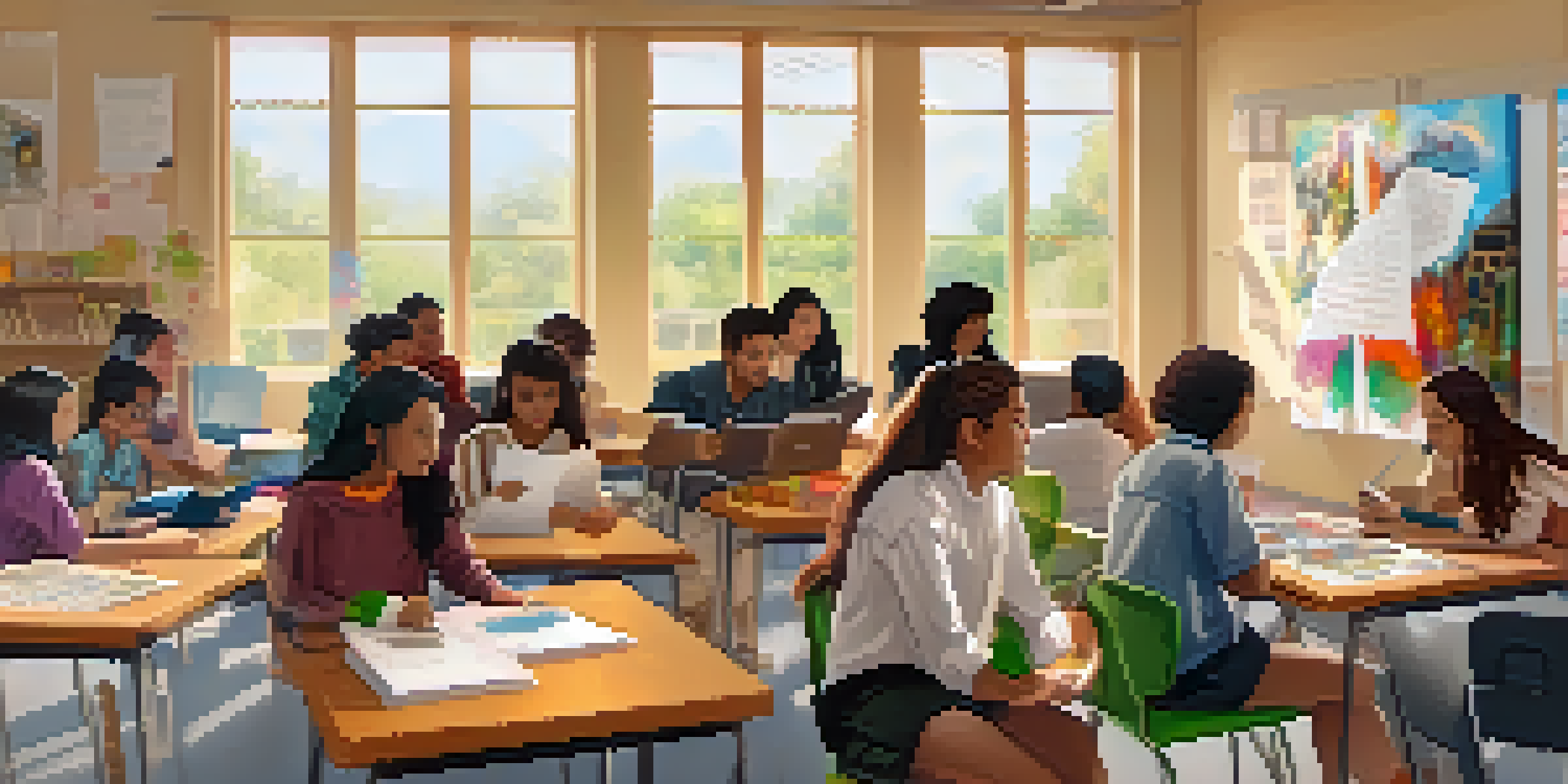 A vibrant classroom scene with students from different cultures working together on a project, showcasing a mix of technology and traditional learning materials.